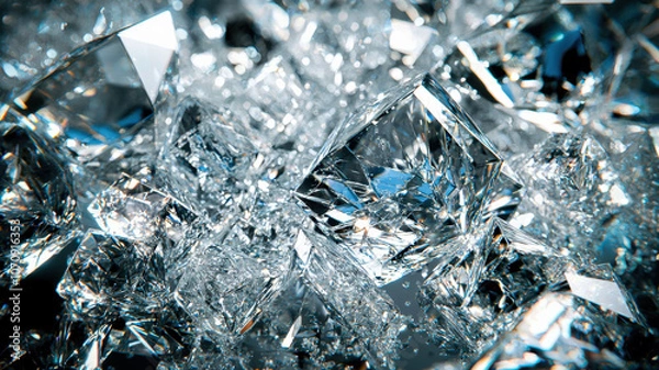 Fototapeta A stunning 3D effect with shattered diamond-like ice shards in clear and blue hues, reflecting light in multiple directions, creating a glamorous, crystalline look