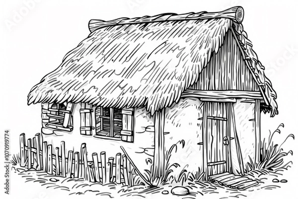 Obraz A quaint, hand-drawn cottage with a thatched roof, surrounded by a rustic fence and lush greenery, evoking a peaceful countryside charm.