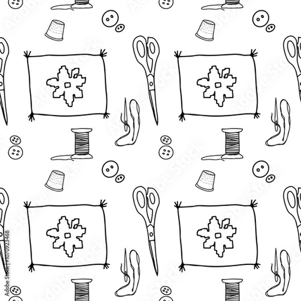 Obraz Sew scissors needlework doodle pattern vector art