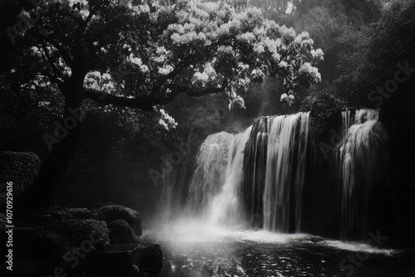 Fototapeta A Waterfall Cascading Through Lush Foliage