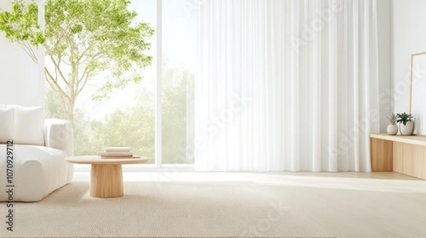 Obraz Bright and airy living room featuring light-colored rug and soft fabric curtains illuminated by natural light during the day
