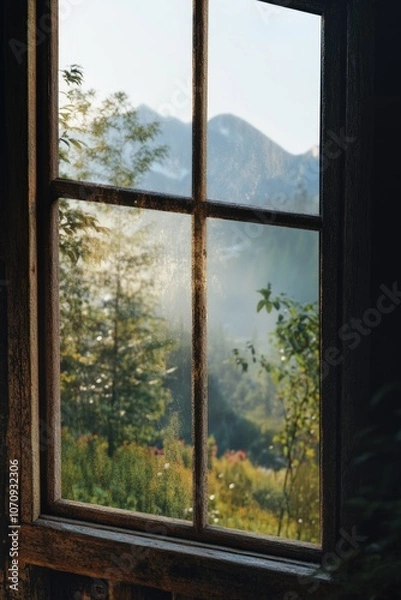 Fototapeta A scenic view of a mountain range from afar, perfect for use in travel or outdoor-related designs