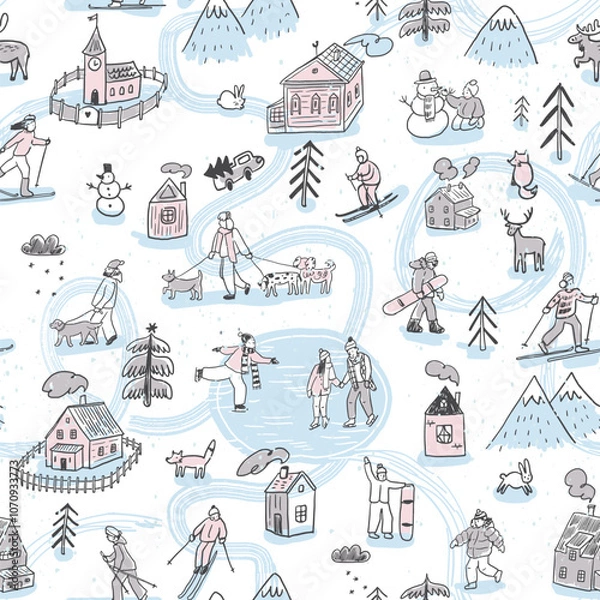 Obraz Winter holiday in the village with people skiing, skates, dogs, animals, houses illustrations seamless line pattern.