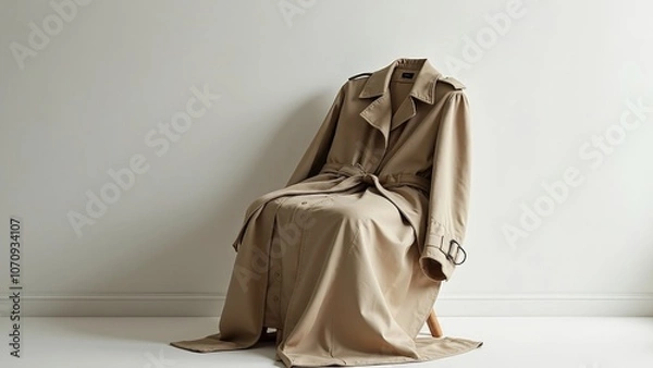 Fototapeta Elegant Trench Coat Draped on Minimalistic Chair with Copyspace