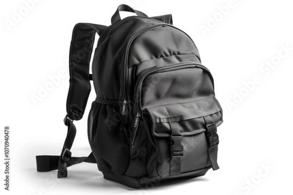 Fototapeta A single black backpack sits on a clean white background