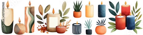 Fototapeta A collection of various candles in different shapes and colors, adorned with botanical elements.
