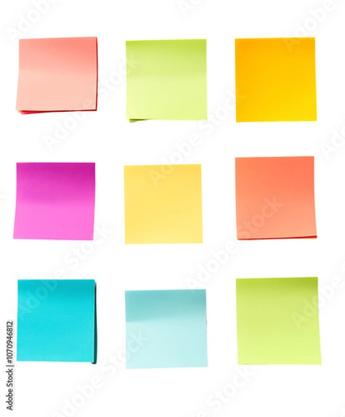 Fototapeta Nine colorful sticky notes arranged in a grid. Isolated on transparent white background, png