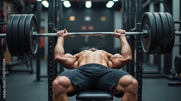 Fototapeta Weightlifter performs bench press in modern gym setting during evening workout