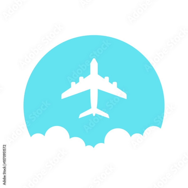 Fototapeta White airplane on sky blue cloudy background. Vector minimal icon or logo.