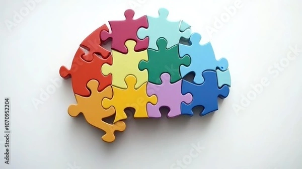 Fototapeta Colorful Puzzle Pieces Forming a Brain Symbol on White Background