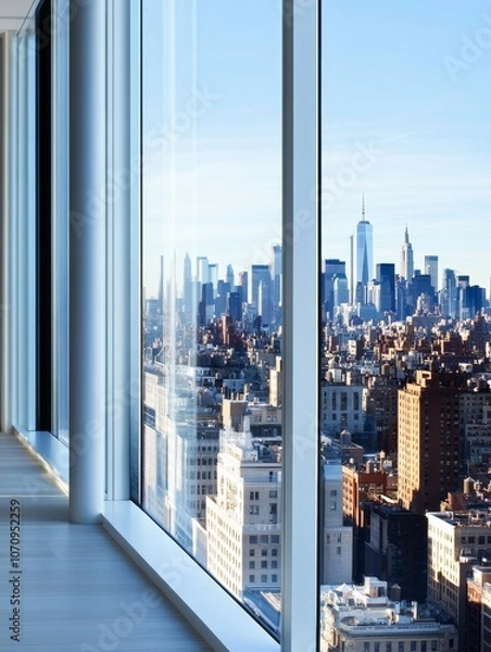 Fototapeta A stunning city skyline view from a modern office space with floor to ceiling windows