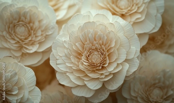 Fototapeta A close-up view of a collection of white flowers with layered petals, creating a textured and detailed pattern