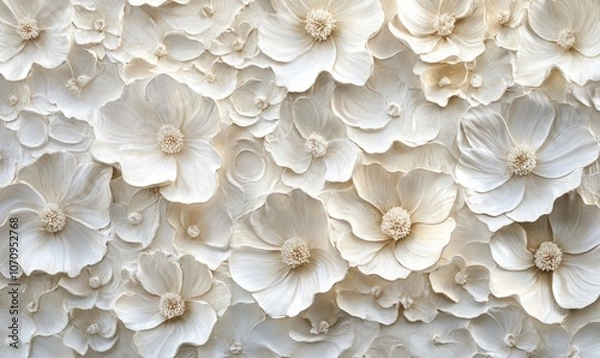 Fototapeta A close-up view of a collection of white flowers with layered petals, creating a textured and detailed pattern