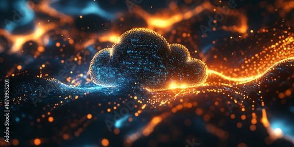 Fototapeta Abstract motion of digital data flow in a futuristic web hologram with cloud icon, blue golden light digits, and code background. Business digital technology web futuristic hologram.