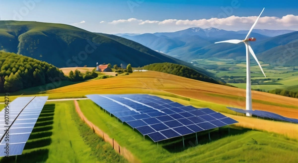 Obraz Solarpark in Europa mit Windturbinen . Öko Strom . KI Generated