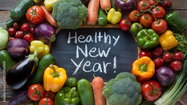Fototapeta A vibrant array of fresh vegetables arranged in a circular pattern around a chalkboard and the words 'Healthy New Year!' written on it