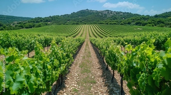 Fototapeta Scenic Vineyard Rows on Hillside at Midday