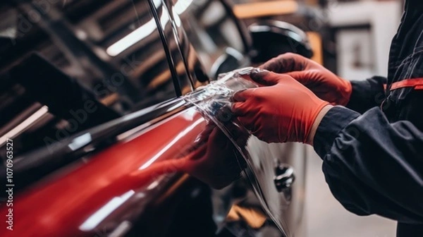 Fototapeta A person applying protective film to a car's surface in a workshop.