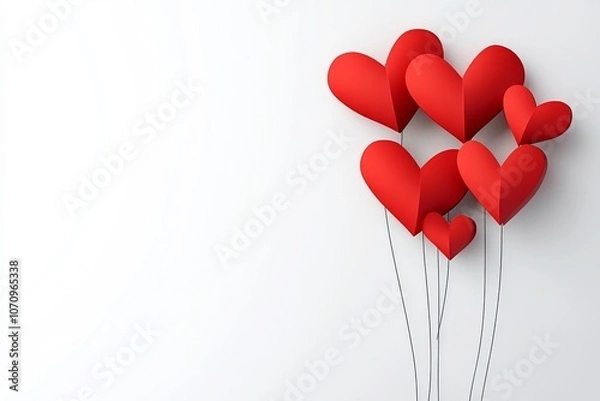 Fototapeta  Globos rojos en forma de corazón sobre un fondo blanco, representando el amor y la alegría de San Valentín.

