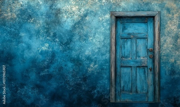 Fototapeta Creative background. Old wooden door, blue color, in the box. Transition to a different climate. The concept of climate change, portal, magic.