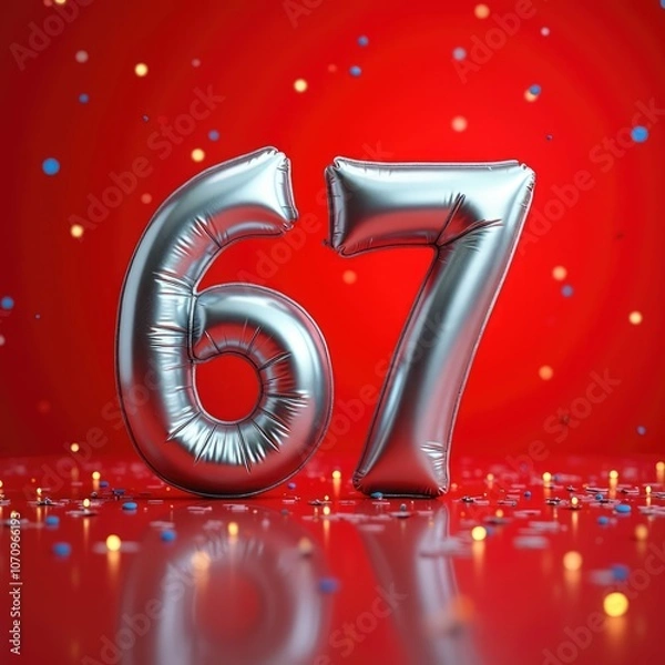 Obraz Shiny silver balloons shaped as the number 67 against a vibrant red backdrop with colorful confetti scattered below. Birthday, date 