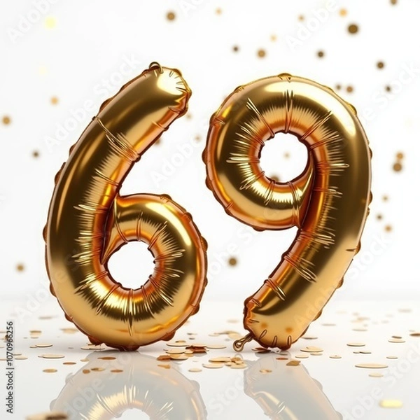 Obraz Golden balloon numbers 69 celebrating a special occasion, adorned with shimmering confetti in the background. Birthday,date