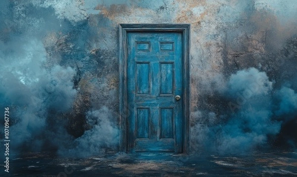 Fototapeta Creative background. Old wooden door, blue color, in the box. Transition to a different climate. The concept of climate change, portal, magic.