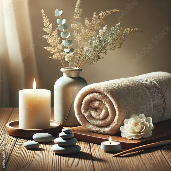 Fototapeta Minimalist Spa Setup with Rolled Towel, Candle, and Fresh Flowers