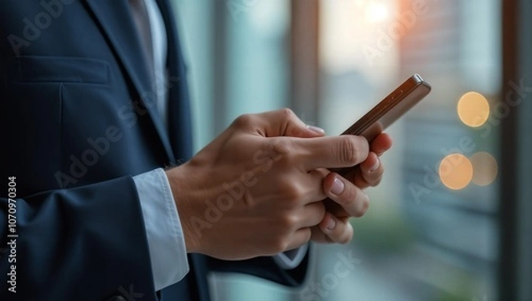 Fototapeta Smartphone in hands of businessman. Man looks at stock charts and financial information on his phone. Head gives instructions via Internet messengers. Modern communication technologies for business us