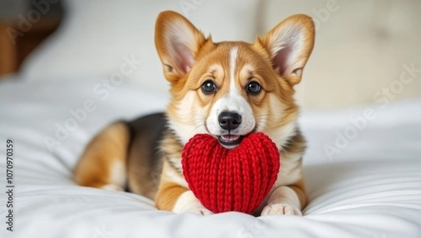 Fototapeta Corgi dog is lying on a bed with a large knitted red heart. Majestic Corgi Spreading Love. Cute portrait, dog lies on a bed