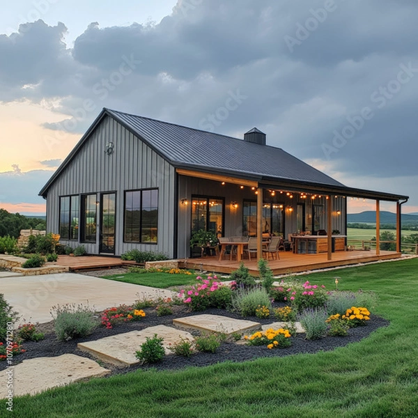 Fototapeta a stunning Barndominium that beautifully blends rustic and modern styles. The exterior features a combination of metal and natural wood, with large windows allowing ample natural light to flood in.