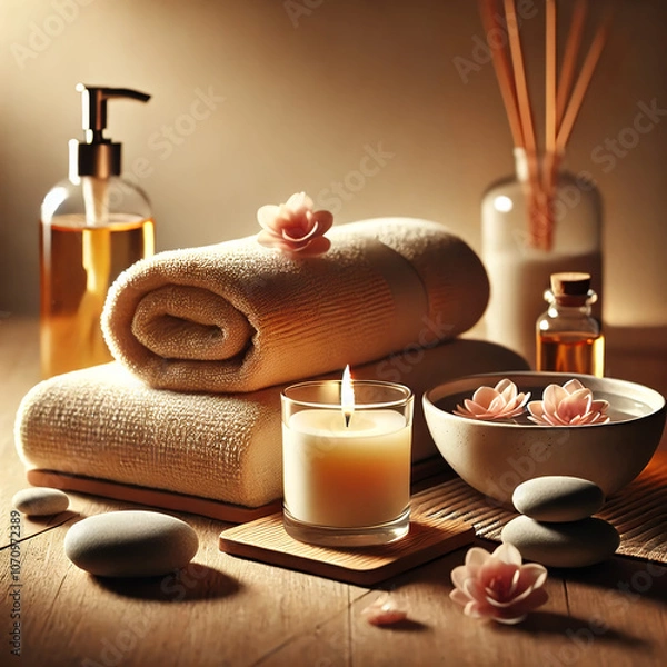 Fototapeta Spa Setting with Towel, Candle, Diffuser, and Floating Petals