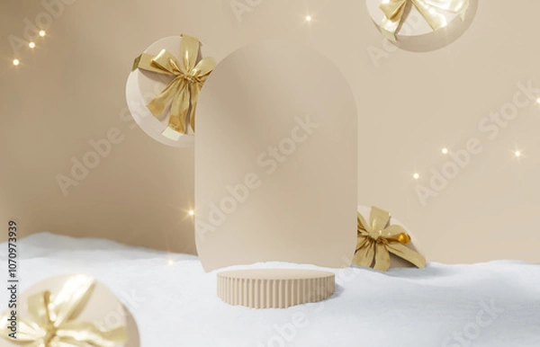 Fototapeta 3D podium display, Christmas background for product presentation or text. Gift box with gold ribbon. Beige winter backdrop. Nude pedestal showcase. Present Branding banner. 3D render mockup.	
