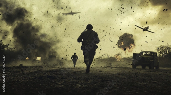 Fototapeta An old, war photograph of world war 2. military vehicles, bomb explosions, soldiers running with guns, aircrafts flying overhead. in the style of war photography