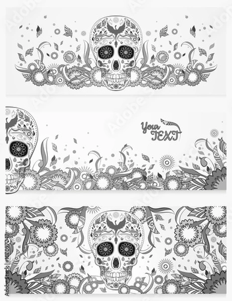 Obraz Monochrome banners of Dia de Muertos sugar skull with ornate on an abstract floral spring background. Day of The Dead