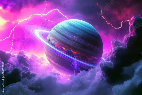 Fototapeta A futuristic space station orbiting a massive gas giant planet with colorful clouds and lightning storms.
