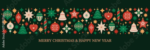 Obraz Merry Christmas and Happy New Year horizontal long border with Christmas tree decorations of different shapes. Holiday pattern in red, green and beige colors on black background. Festive banner