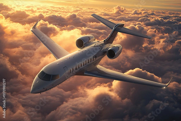 Fototapeta The photograph captures an airplane soaring above a sea of soft, billowing clouds at sunset