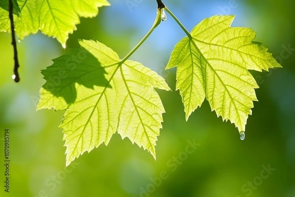 Fototapeta A leaf is shown in the sunlight, with water droplets on it