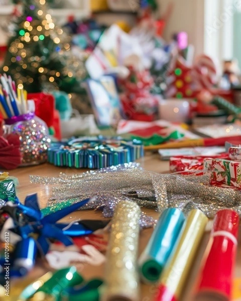 Fototapeta A Christmas craft table filled with supplies like ribbons, glitter, glue, and colorful paper, ready for a fun holiday project.