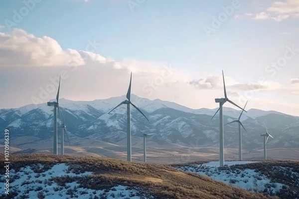 Fototapeta A group of wind turbines are on a snowy mountain