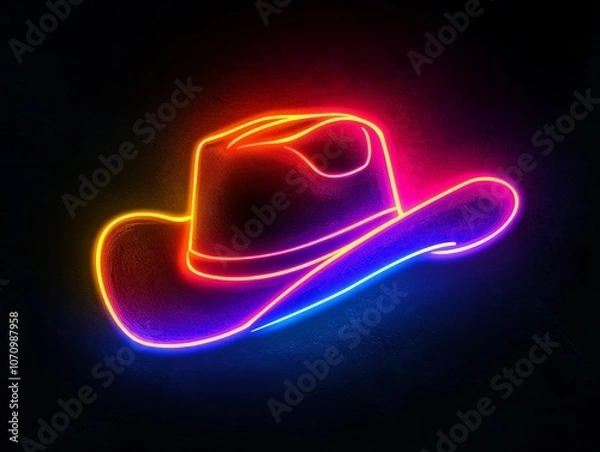 Fototapeta A simple vector logo of an illuminated colorful neon cowboy hat, in a black background