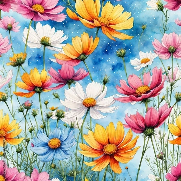 Fototapeta Lush garden of cosmos flowers painted in vivid colors beneath deep blue sky. Blossoms in full bloom wave gracefully, infusing scene with vibrant energy, tranquility, perfect for nature lovers, print.