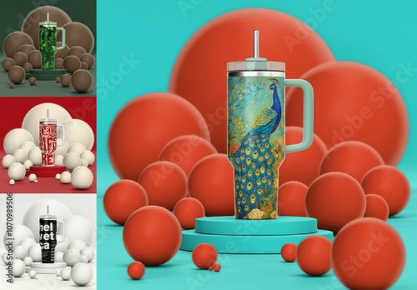 Fototapeta Hyperrealistic Tumbler Mockup with Handle in Studio Composition for Photoshop with Smart Object layer easy to use, Product Presentations and portfolio