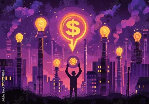 Fototapeta Silhouette of engineer with glowing energy concept in cityscape