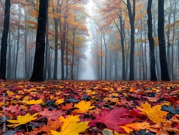 Fototapeta A serene autumn scene featuring a misty forest with vibrant orange, red, and yellow leaves covering the ground, evoking a calm and peaceful atmosphere.