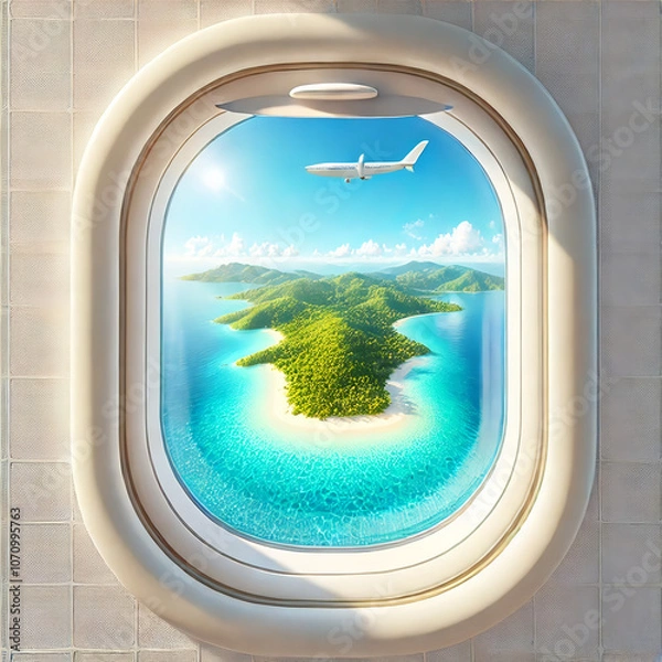 Fototapeta View of Clear Blue Sea and Island from Airplane Window