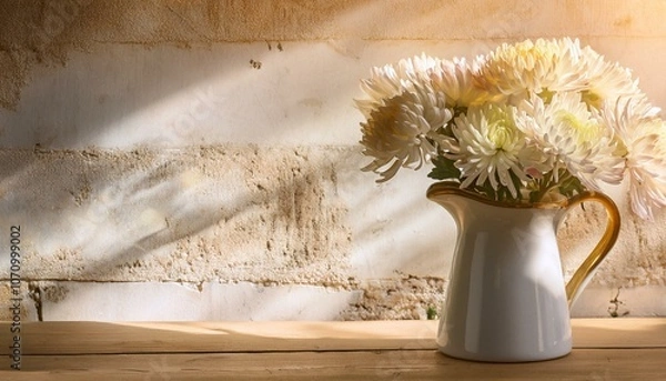 Obraz chrysanthemum flowers in jug on background old wall in sunlight