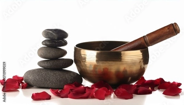 Fototapeta lithotherapy stones with rose petals and singing bowl display