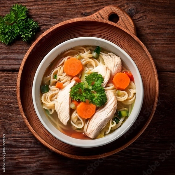 Fototapeta chicken noodle soup with vegetables a bowl of healthy stock top down shot on a rustic wooden table winter comfort food with copyspace